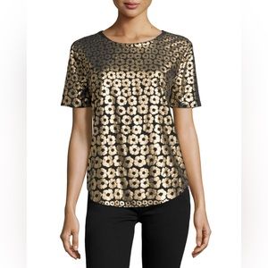 Equipment Silk Metallic Foil Floral Print Riley Short Sleeve Top Black Gold XS